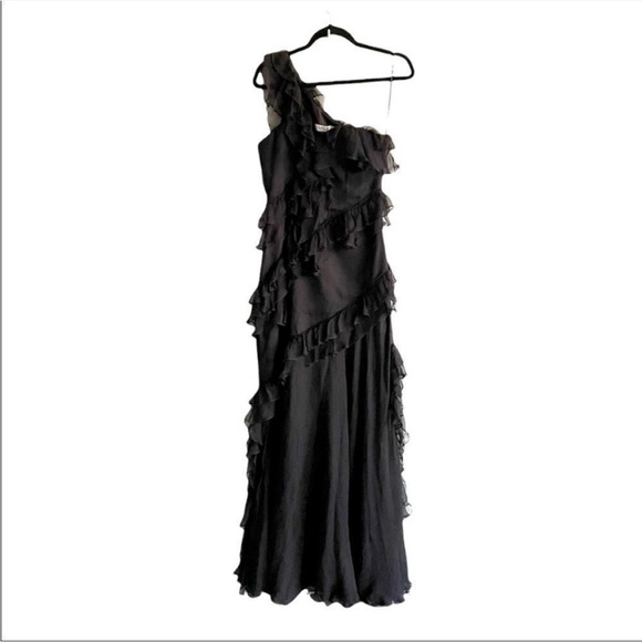 AMUR Black Harlow Silk One-Shoulder Ruffle Sheer Gown Dress